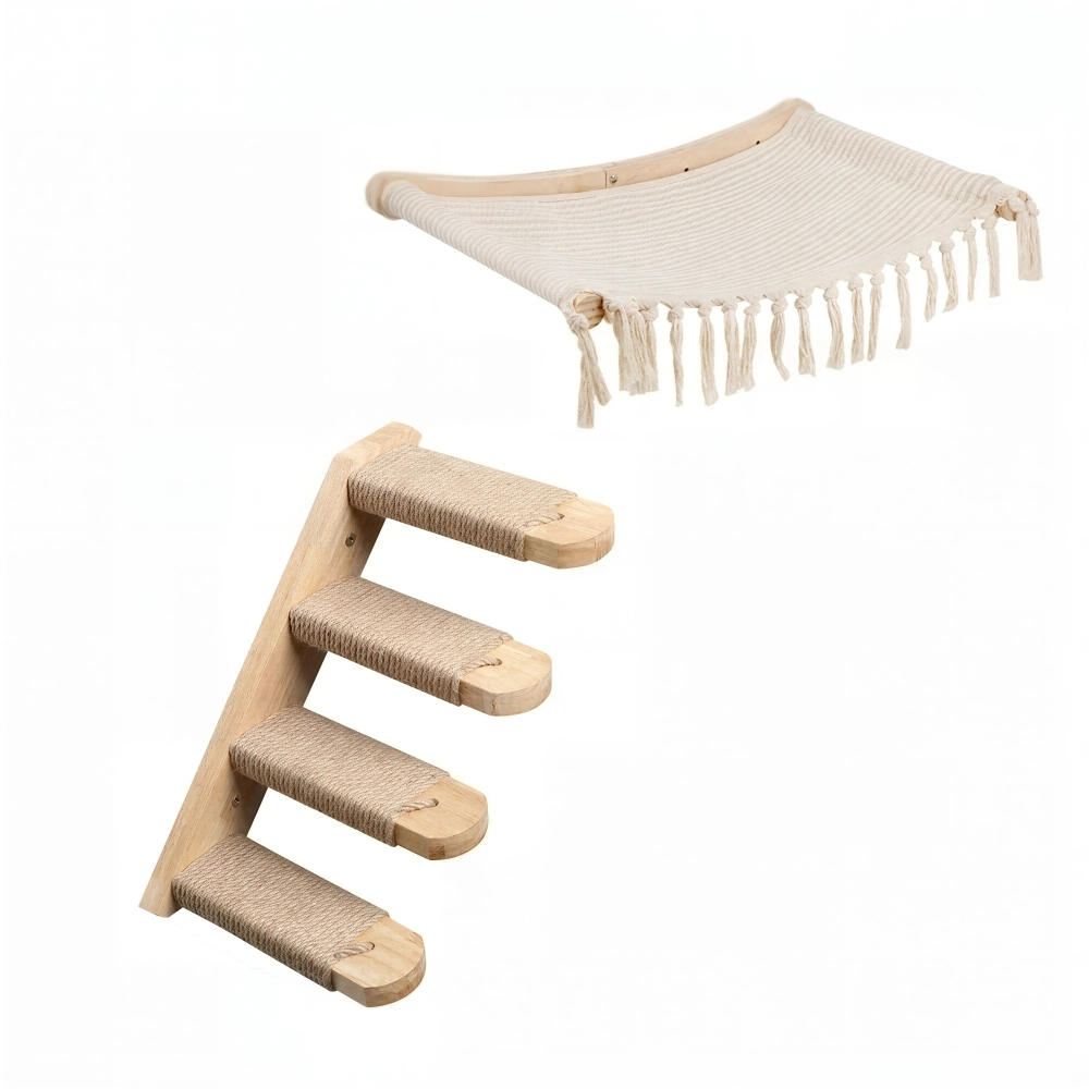 Hamac mural à franges pour chat de 53 x 37 cm et escalier 4 marches sisal, bois brut