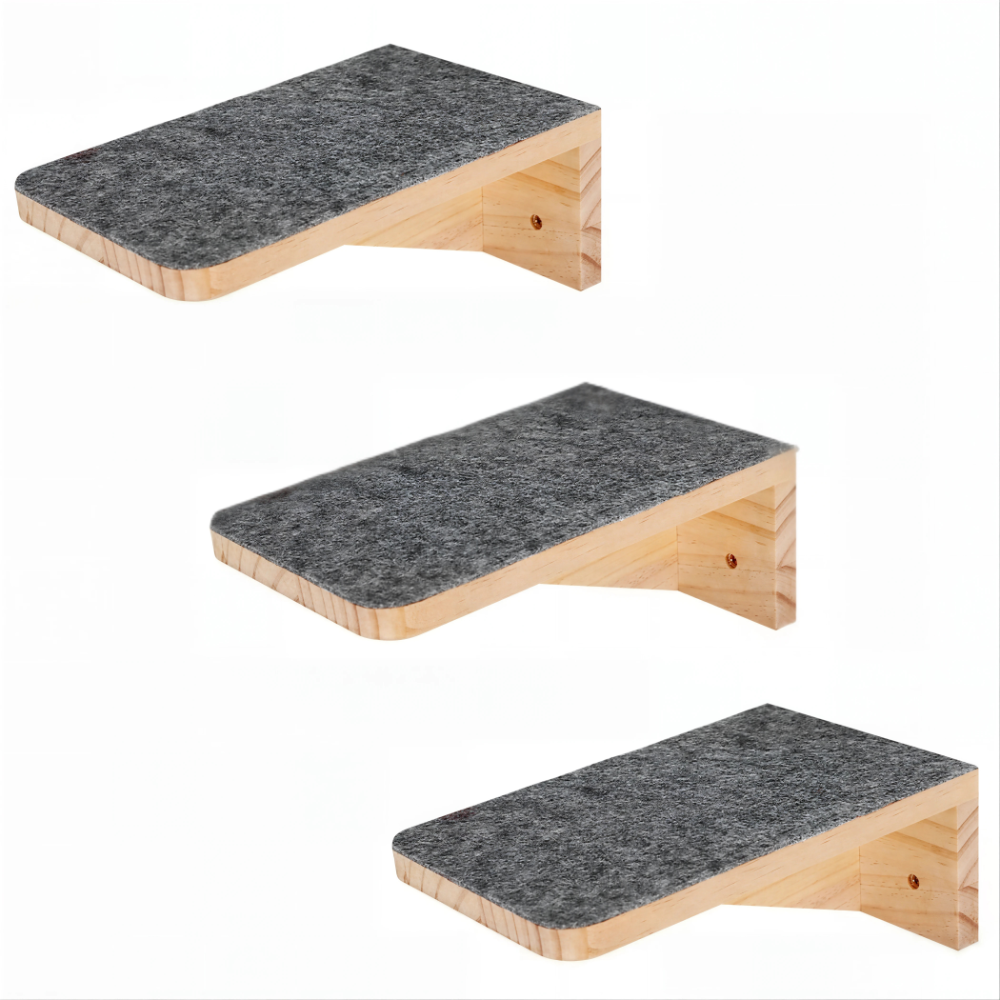 Lot de 3 marches murales feutrées pour chat de 24,5 cm, dessus gris, bois brut
