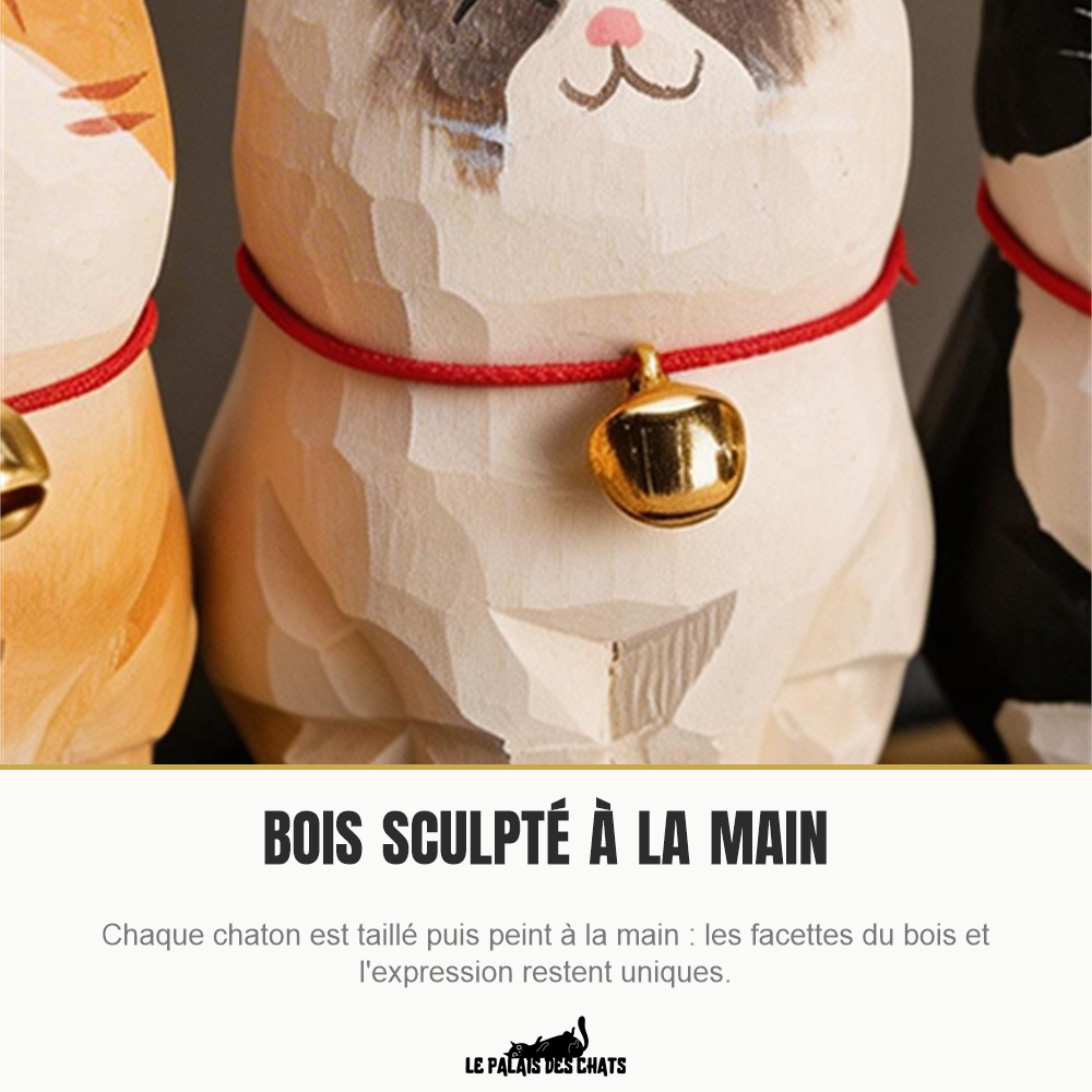 Figurine de chat en bois sculptée et peinte à la main