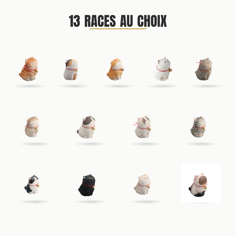 Figurine chat en bois, 13 races à collectionner