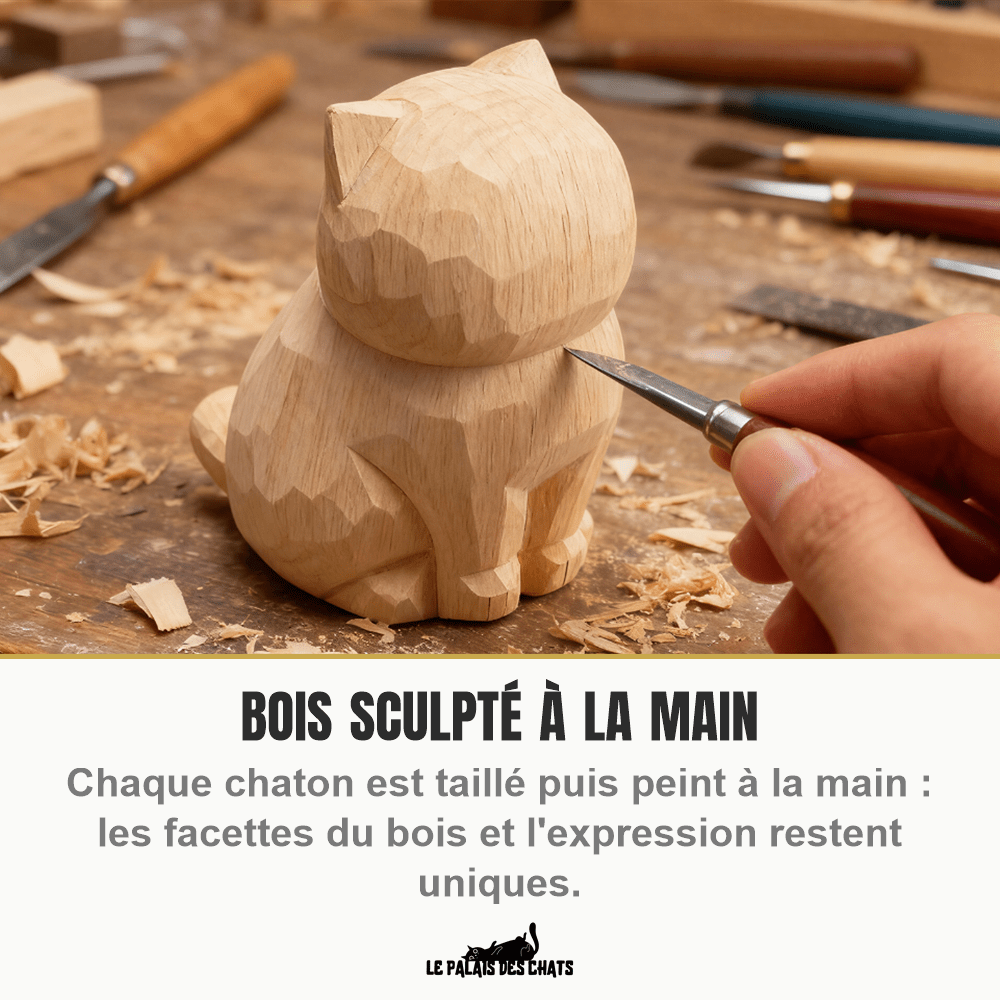 Figurine de chat en bois sculptée à la main, clochette dorée | Le Chaton de Bois - Le Palais des Chats