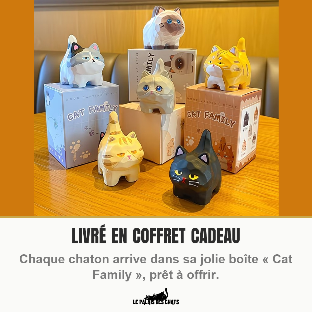 Six figurines de chats en résine posées devant leurs coffrets cadeau illustrés, sur une table en bois