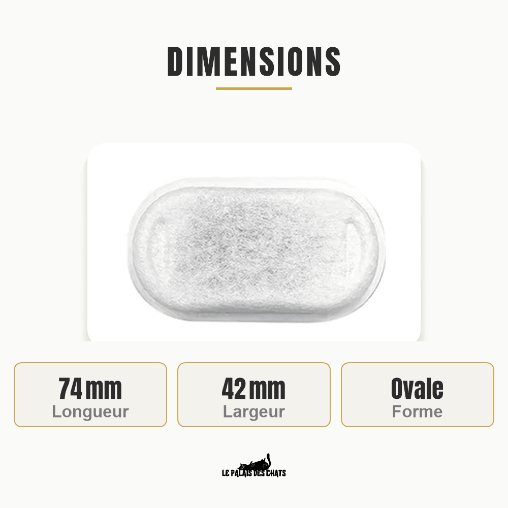 Dimensions du filtre : 74 mm de longueur, 42 mm de largeur, forme ovale