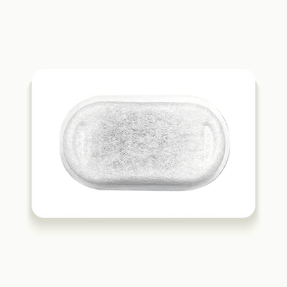 Filtre ovale en charbon actif vu de dessus, posé sur fond crème