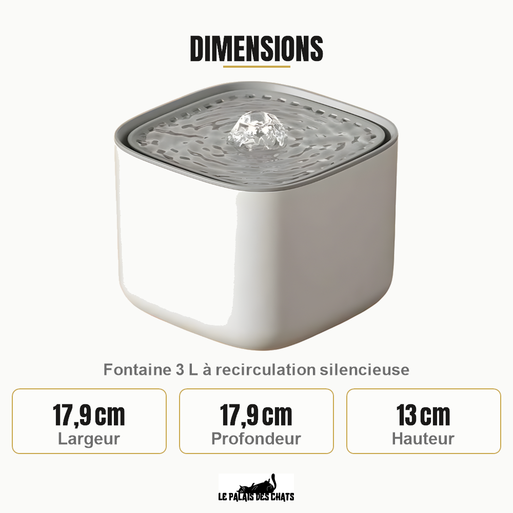 Dimensions de Douce Eau Féline : 17,9 cm Largeur, 17,9 cm Profondeur, 13 cm Hauteur