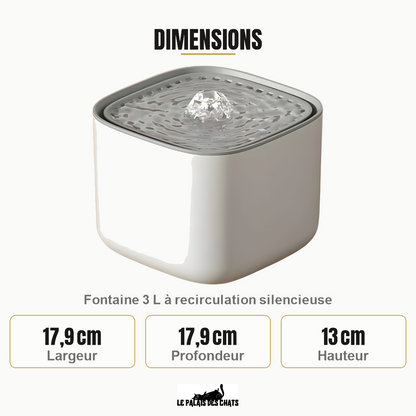 Dimensions de Douce Eau Féline : 17,9 cm Largeur, 17,9 cm Profondeur, 13 cm Hauteur