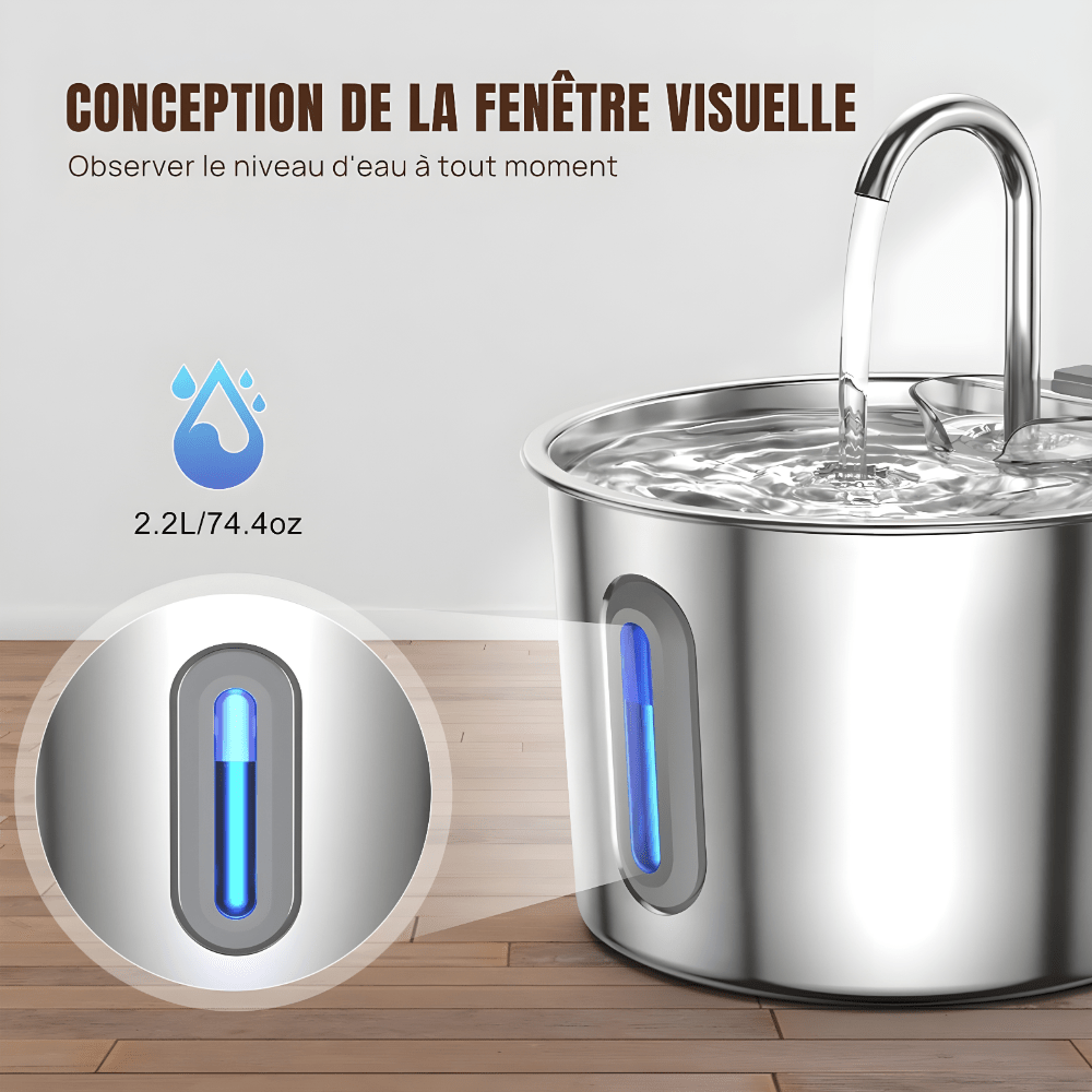 Fontaine à eau pour chat compacte 2,2 L en inox, filtration multi-couches et fenêtre de niveau d'eau | La Source Sereine - Le Palais des Chats