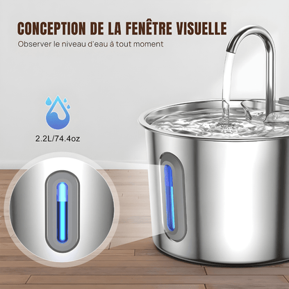 Fontaine à eau pour chat compacte 2,2 L en inox, filtration multi-couches et fenêtre de niveau d'eau | La Source Sereine - Le Palais des Chats