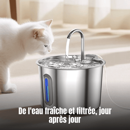 Fontaine à eau pour chat compacte 2,2 L en inox, filtration multi-couches et fenêtre de niveau d'eau | La Source Sereine - Le Palais des Chats