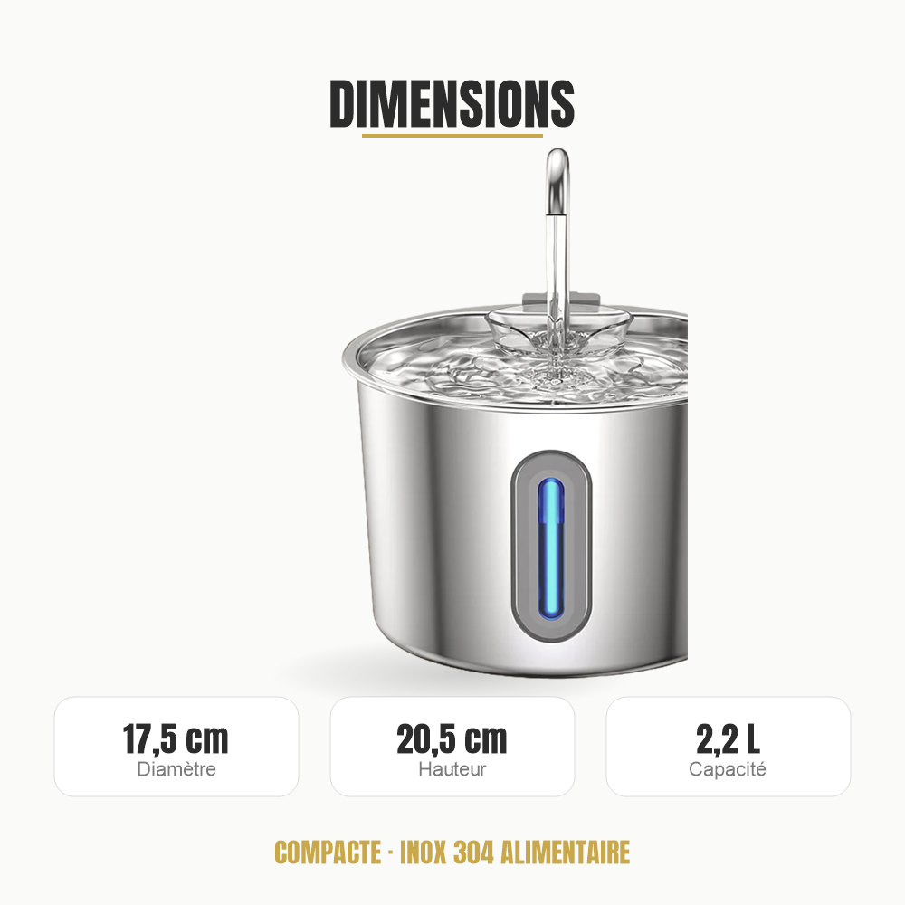 Dimensions de la fontaine compacte : 17,5 cm de diamètre, 20,5 cm de hauteur, 2,2 L