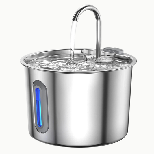 Fontaine à eau pour chat compacte 2,2 L en inox, filtration multi-couches et fenêtre de niveau d'eau | La Source Sereine