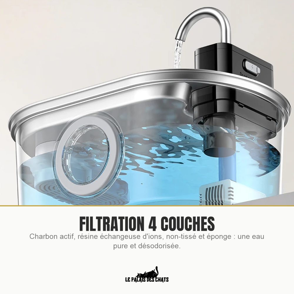 Fontaine à eau pour chat filtration 4 couches, eau pure et désodorisée