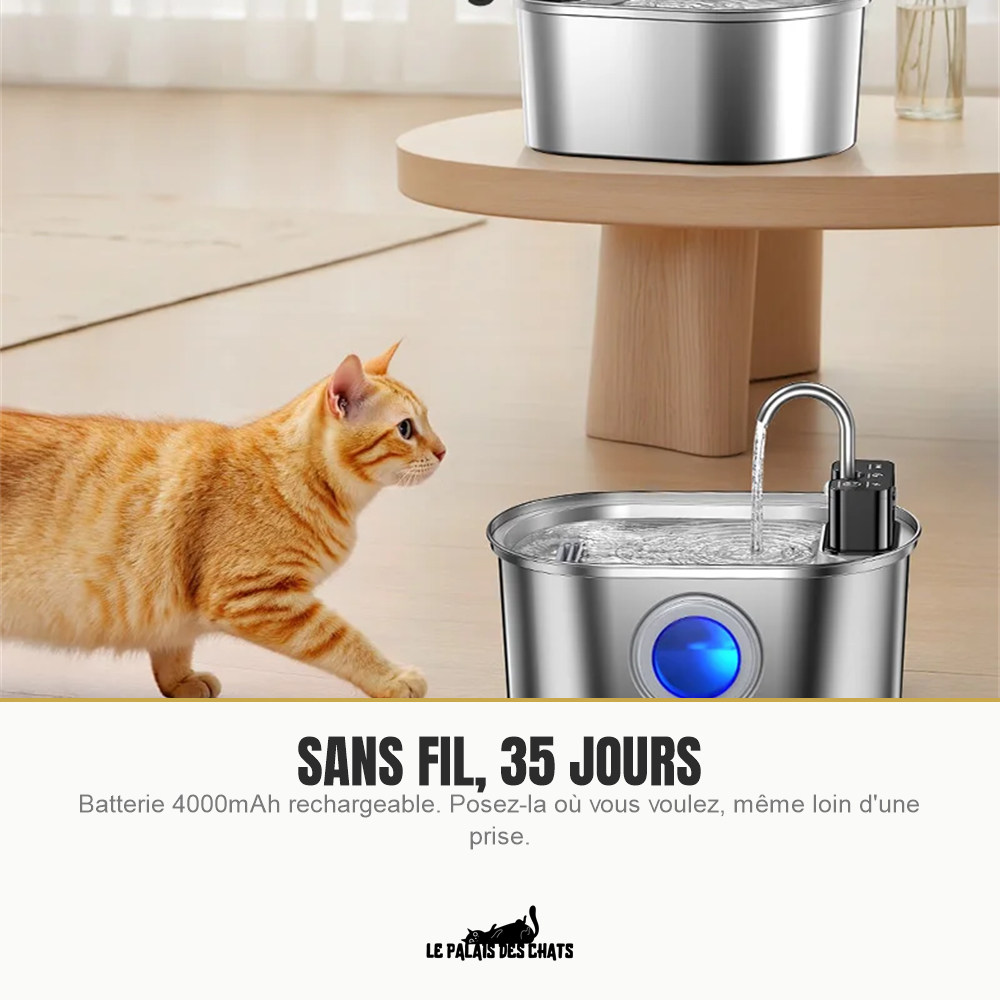 Fontaine à eau pour chat sans fil, batterie 4000 mAh jusqu'à 35 jours d'autonomie