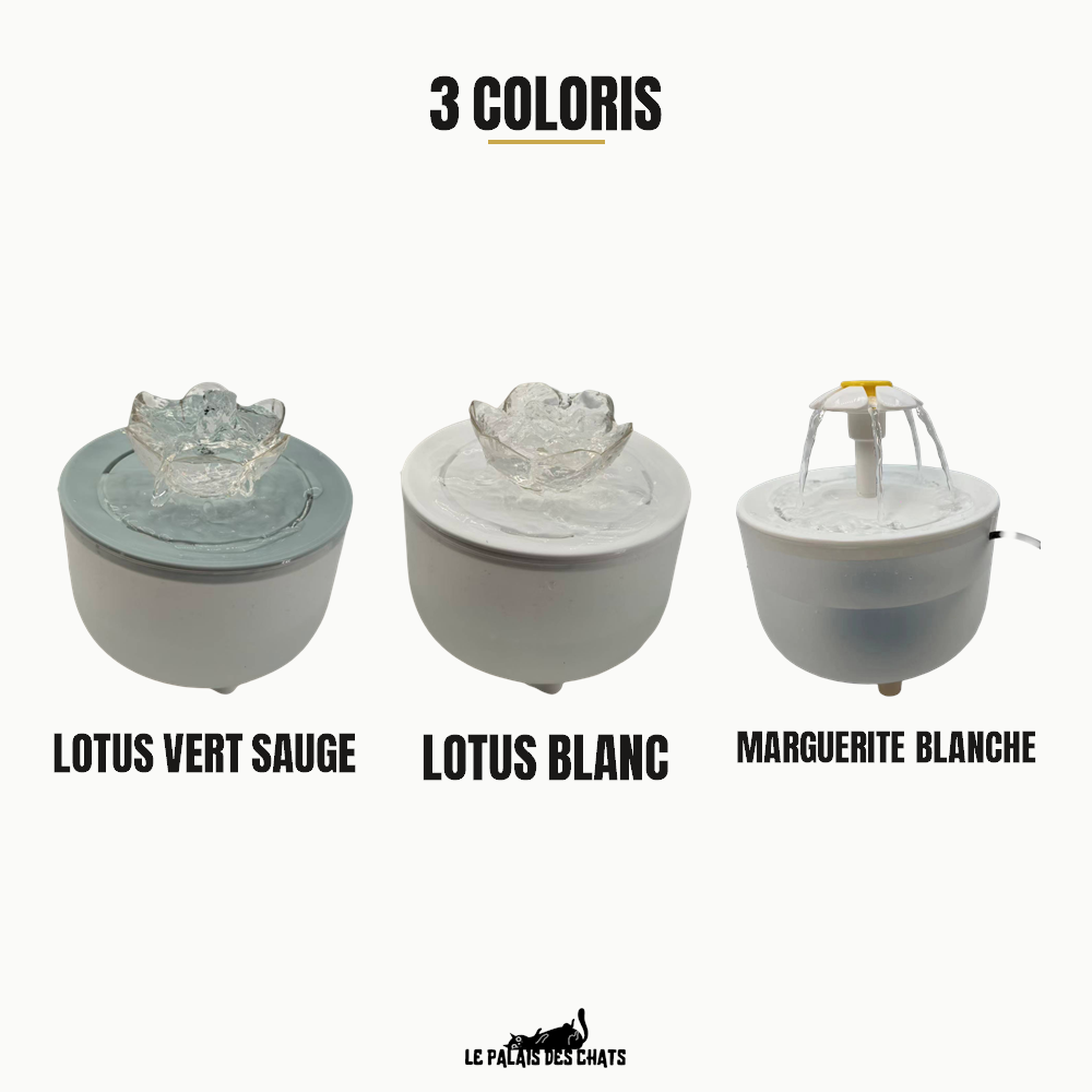 Les 3 coloris de la fontaine : lotus vert sauge, lotus blanc, marguerite blanche