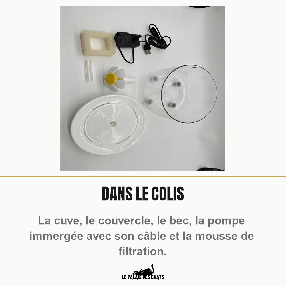 Contenu du colis de la fontaine à eau pour chat : cuve, couvercle, bec, pompe et mousse de filtration