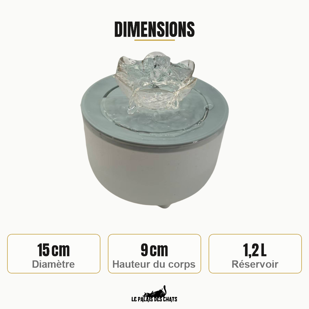 Dimensions de la fontaine à eau pour chat : 15 cm de diamètre, 9 cm de hauteur de corps, 1,2 L