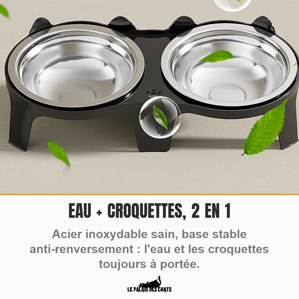 Gamelle double chat eau et croquettes 2 en 1, base stable anti-renversement