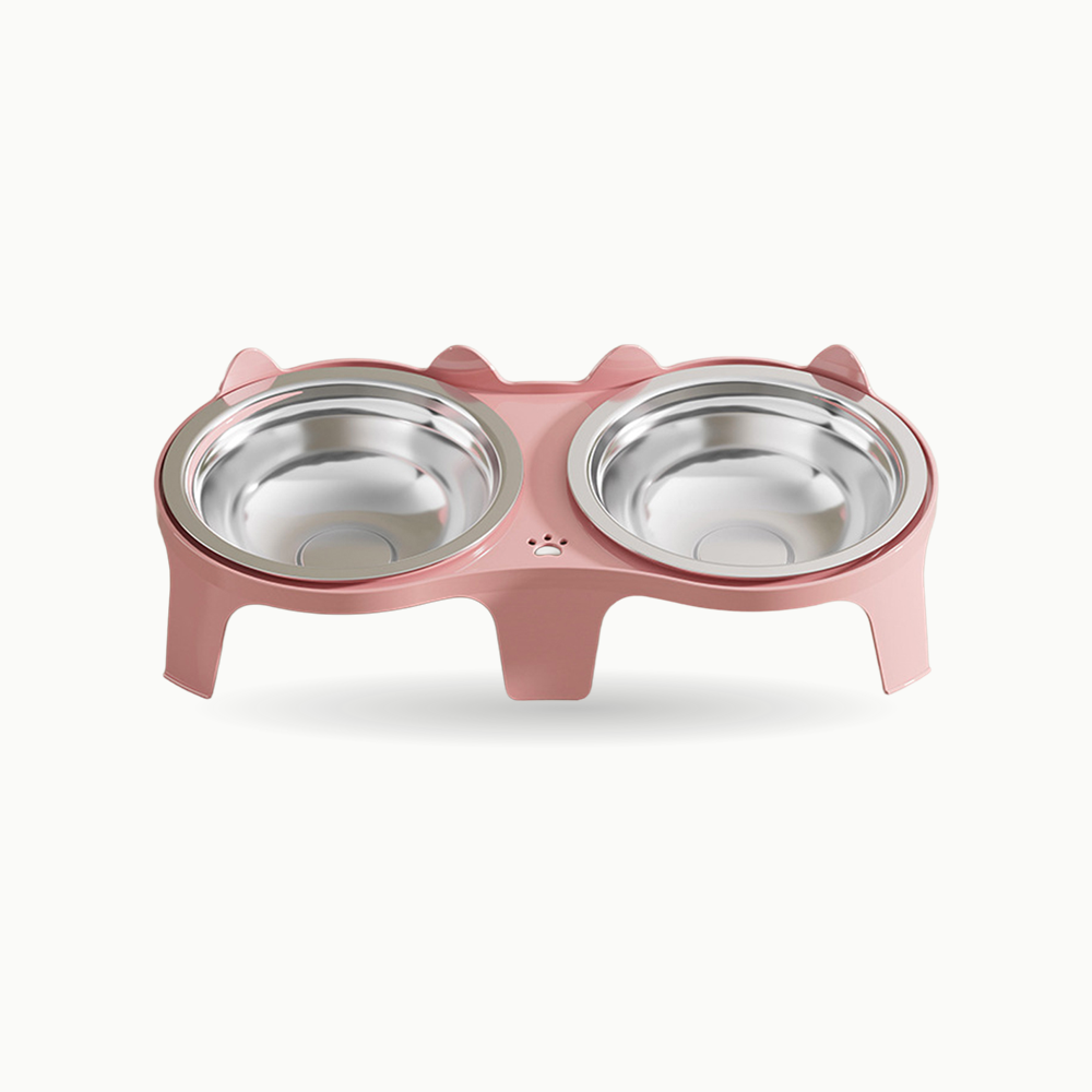 Gamelle double surélevée pour chat en inox coloris rose Le Duo Royal Félin