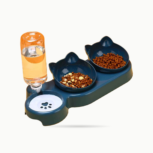 Gamelle double surélevée avec réservoir d'eau pour chat, Le Trio Royal Félin