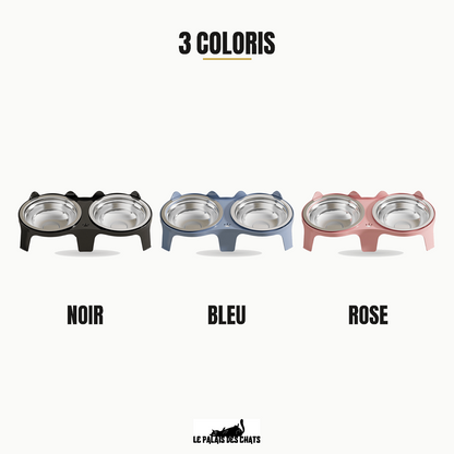 Gamelle double surélevée pour chat en inox Le Duo Royal Félin, 3 coloris : noir, bleu, rose