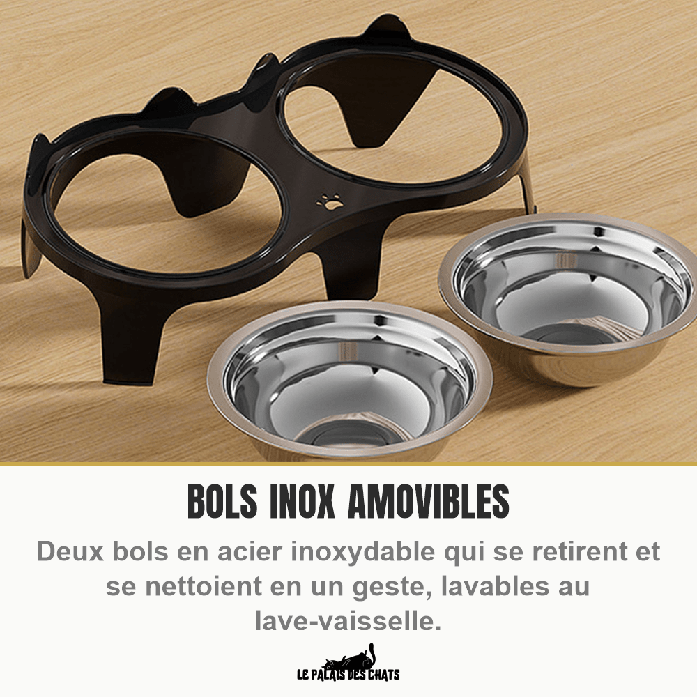Gamelle double surélevée pour chat en inox | Le Duo Royal Félin - Le Palais des Chats