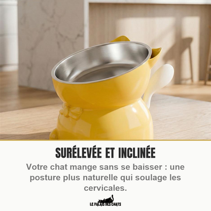 Gros plan de la gamelle jaune inclinée et de son bol en inox posée sur un plan de travail en bois, avec la mention surélevée et inclinée pour soulager les cervicales du chat