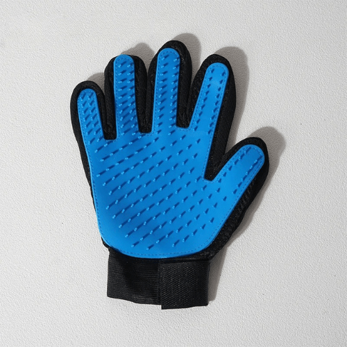 Gant de toilettage bleu pour main droite, picots souples sur support noir