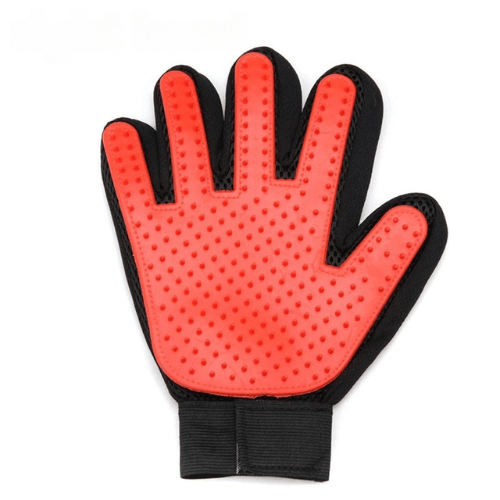 Gant de toilettage rouge pour main droite, picots souples sur support noir