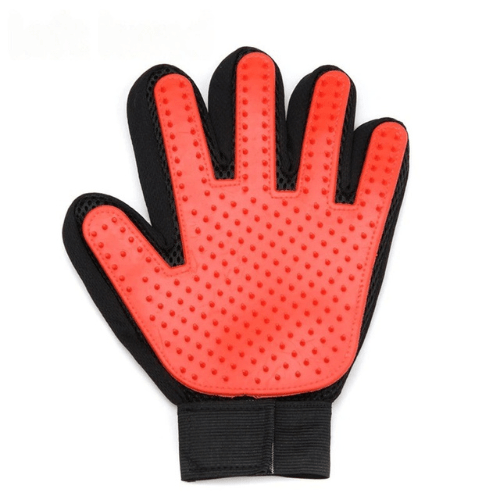 Gant de toilettage rouge pour main gauche, picots souples sur support noir
