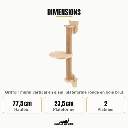 Dimensions du griffoir mural Le Sentier des Cimes : 77,5 cm de haut, plateforme de 23,5 cm et 2 platines