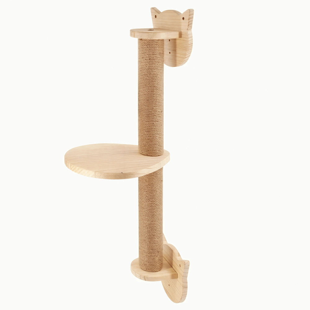 Griffoir mural pour chat Le Sentier des Cimes : colonne en sisal, plateforme ronde en bois et platines en tête de chat