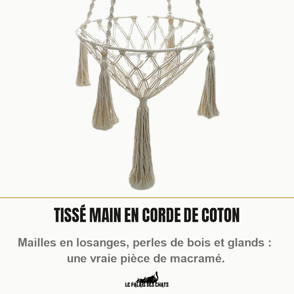Panier du hamac pour chat tissé main : mailles en losanges, perles de bois et glands de coton