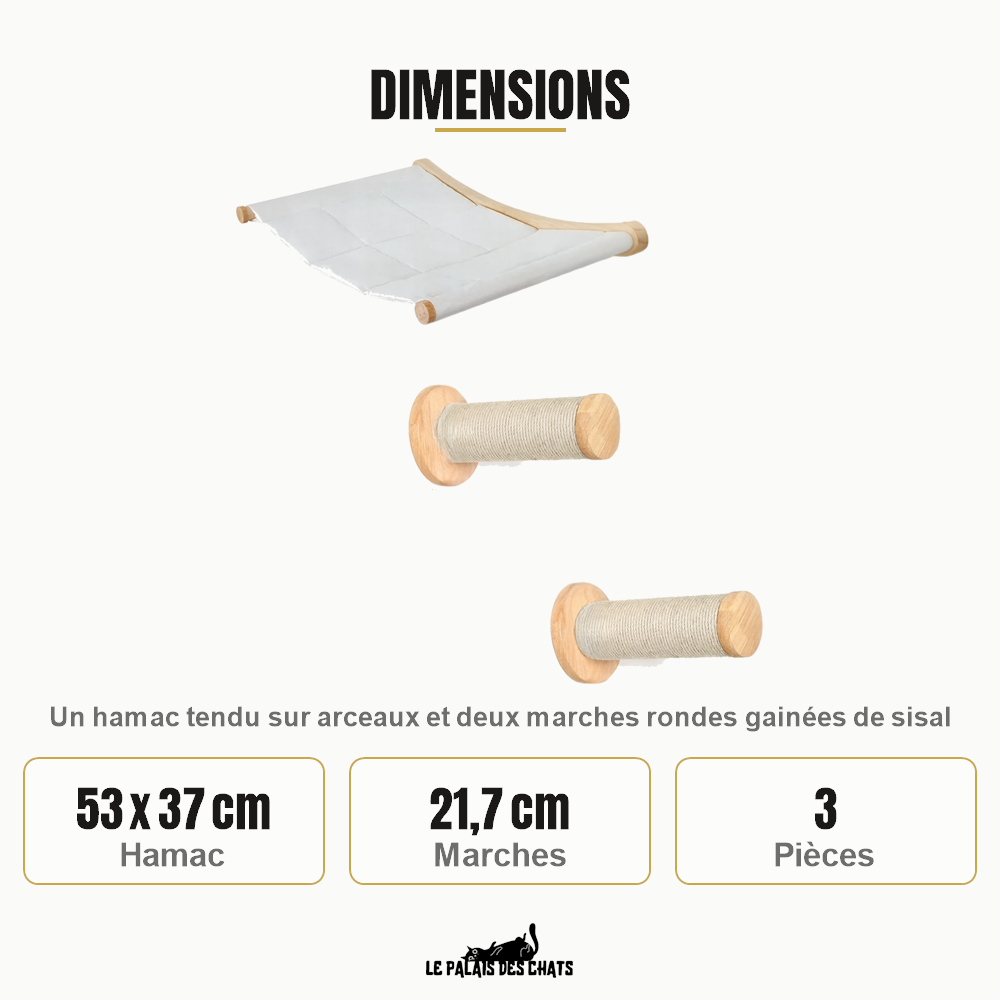 Dimensions du hamac mural : 53 x 37 cm, marches de 21,7 cm, trois pièces