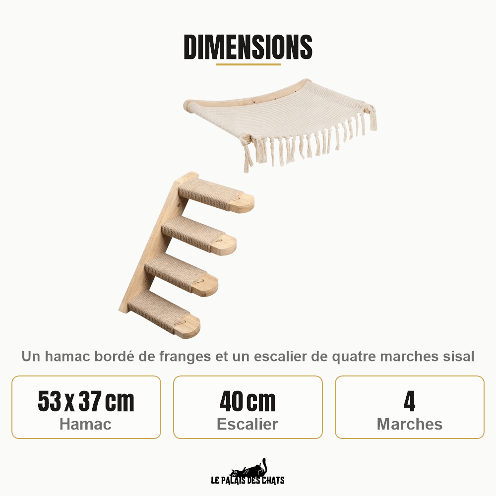 Dimensions du hamac mural Le Sentier des Cimes : hamac de 53 x 37 cm, escalier de 40 cm à 4 marches en sisal