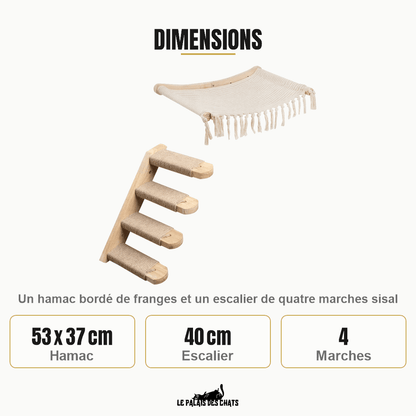 Dimensions du hamac mural Le Sentier des Cimes : hamac de 53 x 37 cm, escalier de 40 cm à 4 marches en sisal