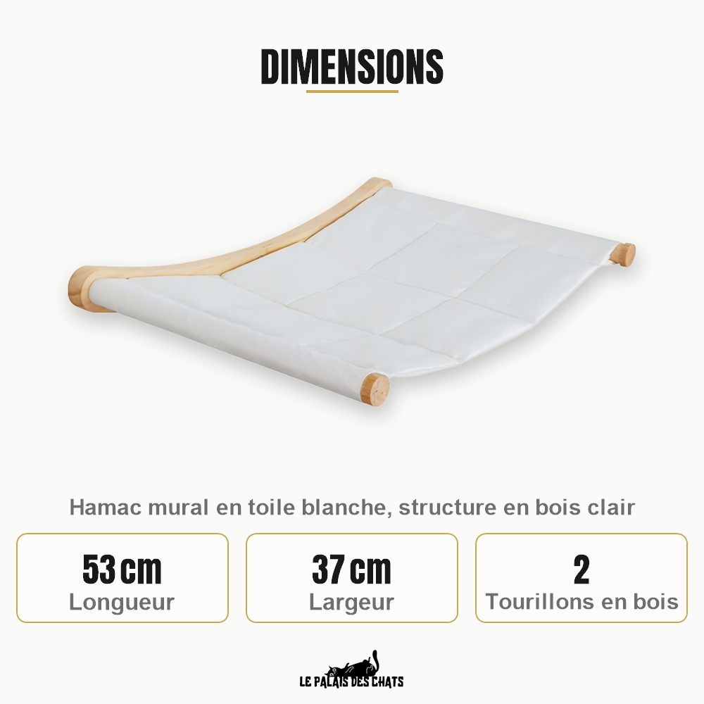 Dimensions du hamac mural pour chat : 53 cm de long, 37 cm de large, deux tourillons en bois