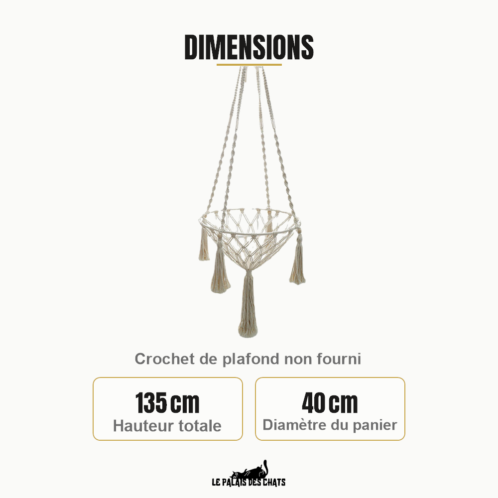 Dimensions du hamac suspendu pour chat : 135 cm de hauteur totale, panier de 40 cm de diamètre