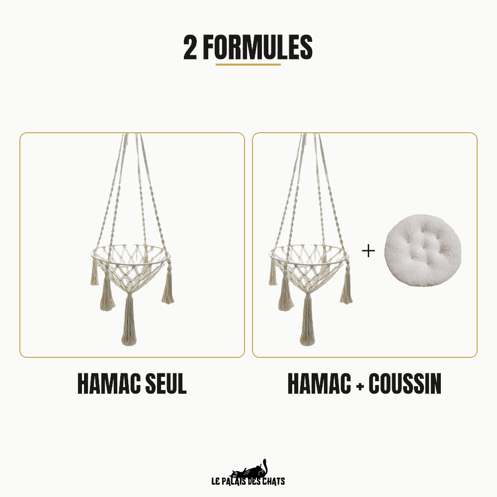 Les 2 formules du hamac suspendu pour chat La Balancelle Royale : hamac seul ou hamac + coussin