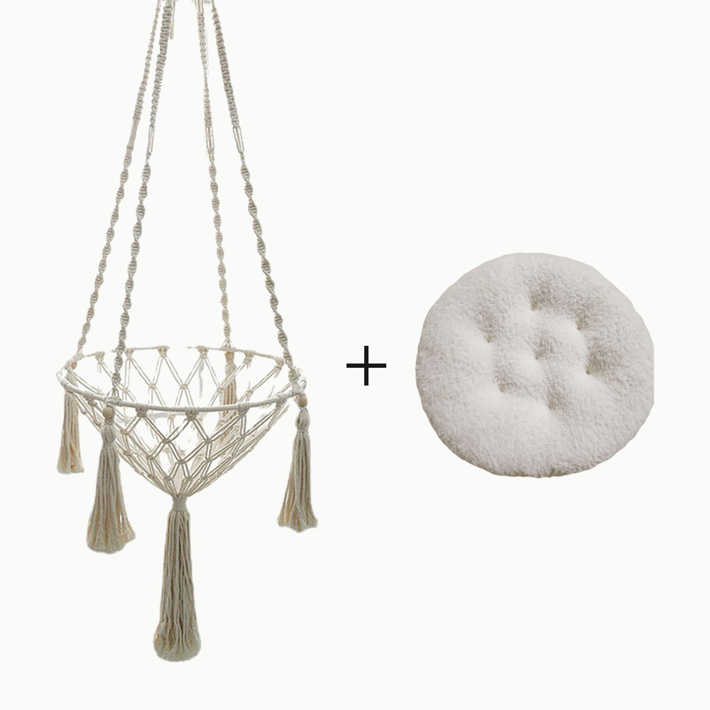 Hamac suspendu pour chat en macramé et son coussin rond en peluche, formule hamac + coussin