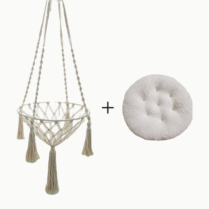 Hamac suspendu pour chat en macramé et son coussin rond en peluche, formule hamac + coussin