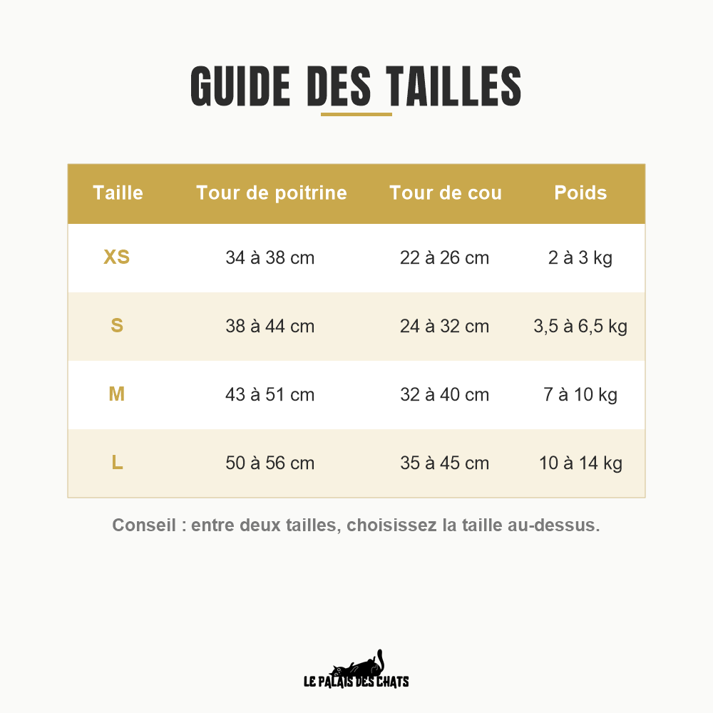 Guide des tailles du harnais pour chat Félin Majesté