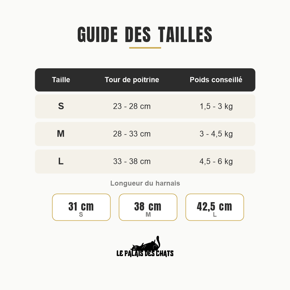 Guide des tailles du harnais pour chat Le Harnais du Palais : tour de poitrine 23-28 cm en S, 28-33 cm en M et 33-38 cm en L