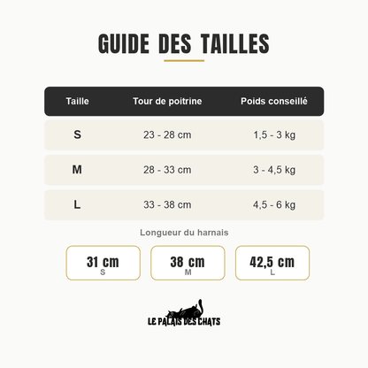 Guide des tailles du harnais pour chat Le Harnais du Palais : tour de poitrine 23-28 cm en S, 28-33 cm en M et 33-38 cm en L