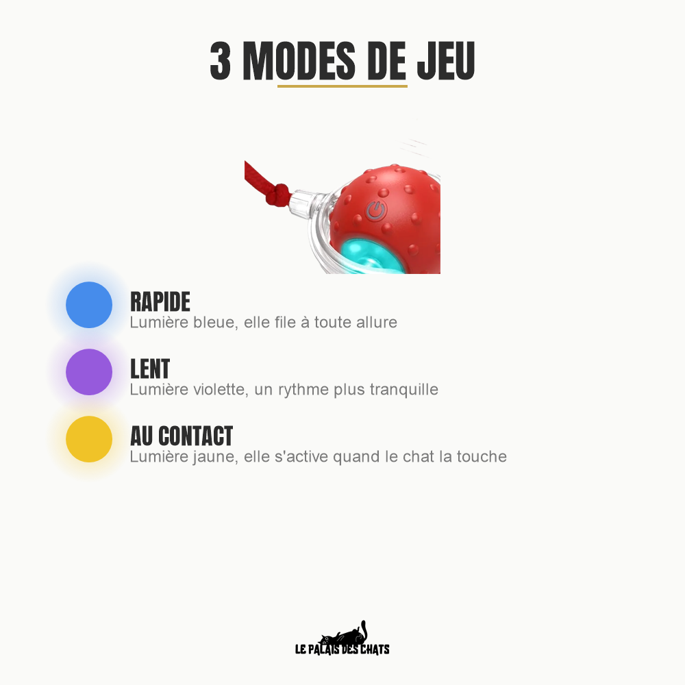 Les 3 modes de la Crazy Balle : rapide (lumière bleue), lent (violet), au contact (jaune)