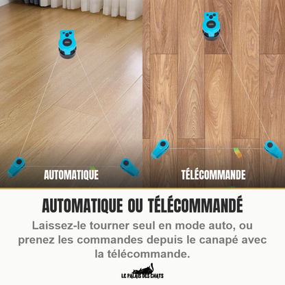 Comparaison des deux modes de jeu : à gauche le boîtier tourne seul en automatique, à droite il est piloté à la télécommande, le fil tendu entre quatre pinces posées sur le parquet