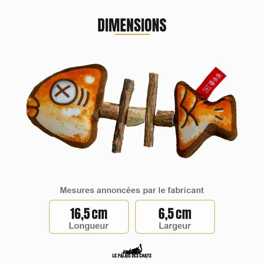 Dimensions du jouet pour chat poisson grillé Le Festin du Roi : 16,5 cm de longueur et 6,5 cm de largeur, mesures annoncées par le fabricant