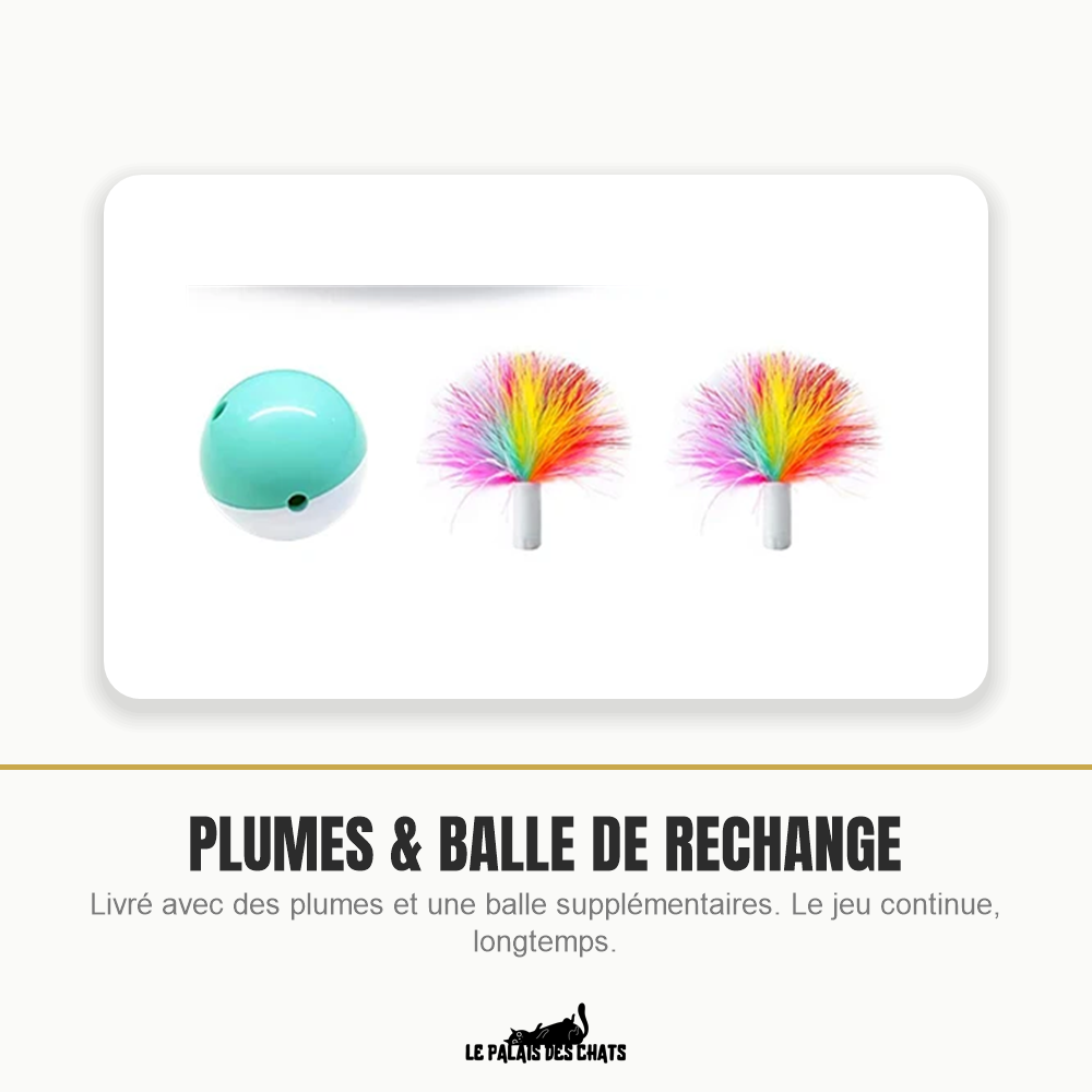 Plumes et balle de rechange incluses avec le jouet pour chat Le Tourbillon Félin