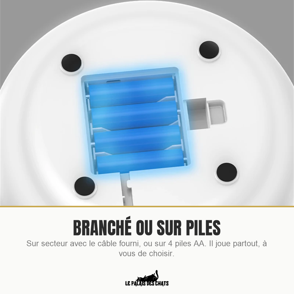 Jouet pour chat Le Tourbillon Félin : fonctionne sur secteur ou sur 4 piles AA