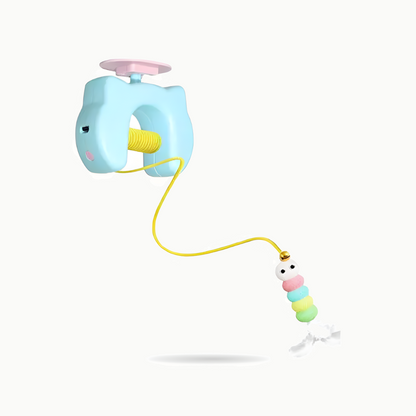 Support ventouse bleu en forme de tête de chat, fil élastique jaune et chenille pastel à plumes suspendue