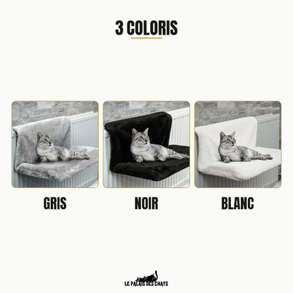 Les 3 coloris du lit de radiateur pour chat L'Âtre Royal : Gris, Noir et Blanc, présentés côte à côte